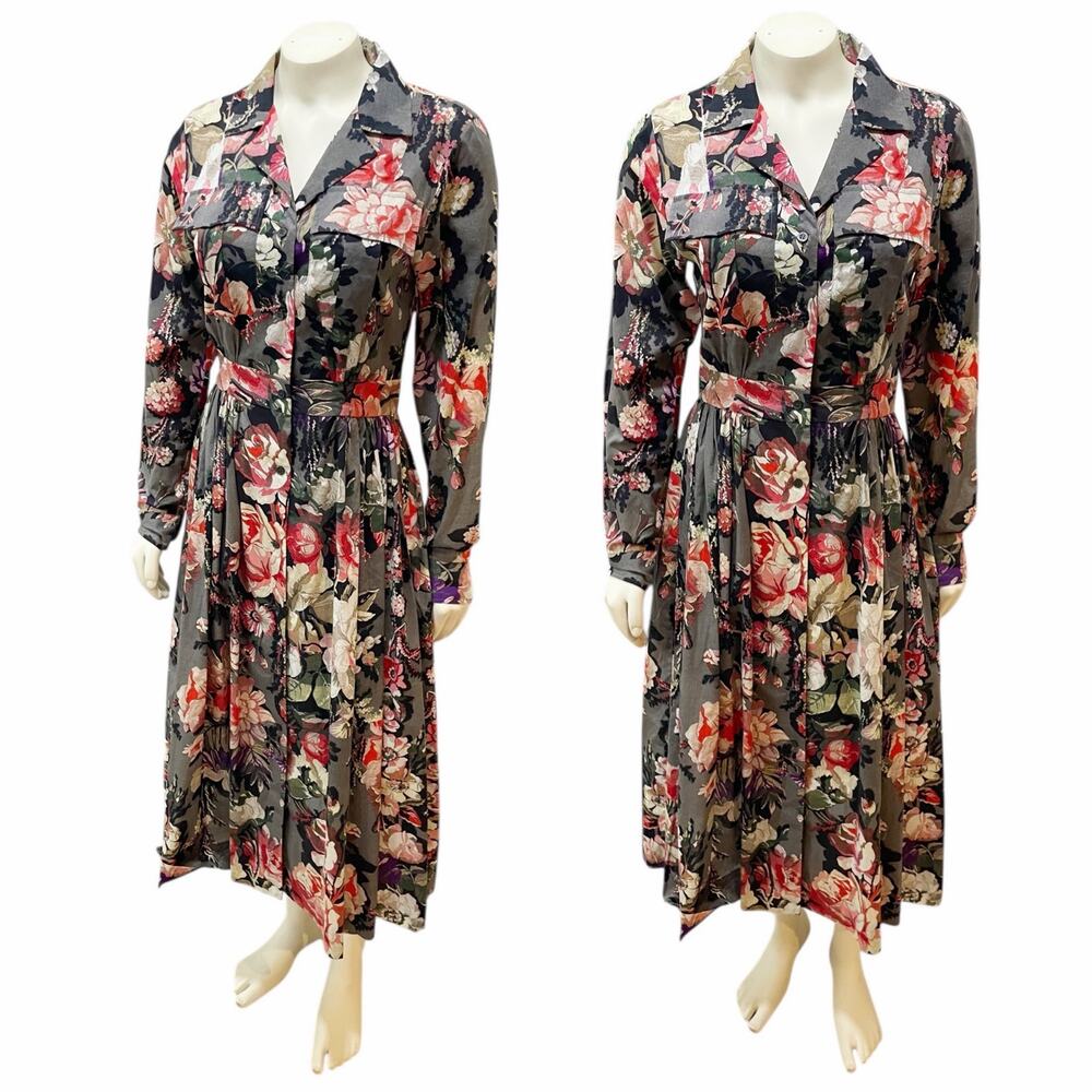 Dries Van Noten Gray Floral Fit Flare Button Front Dress Sz 36